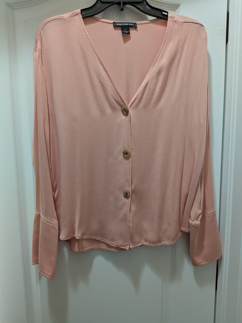 Something Navy Dusty Pink Button-Front V-Neck Blouse